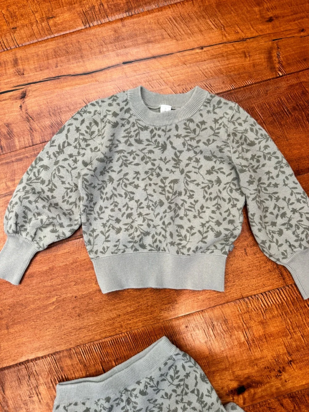 Girls Sage Green Floral Knit Sweater & Wide-Leg Pants Set